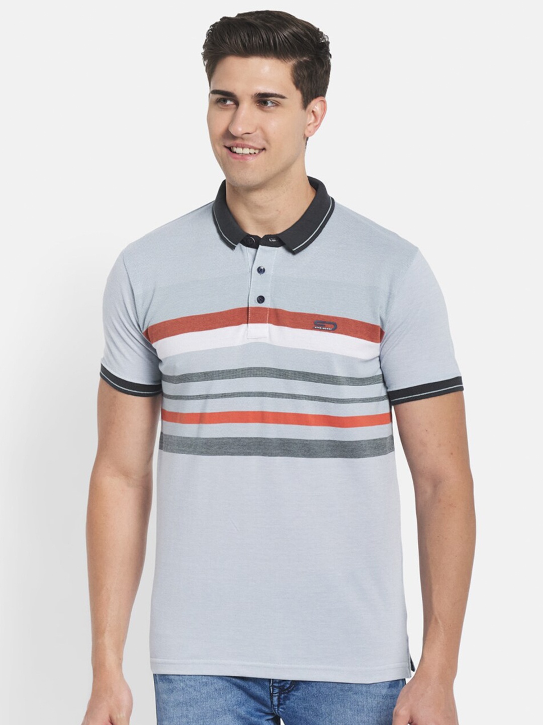

Duke Men Grey Striped Polo Collar Slim Fit T-shirt