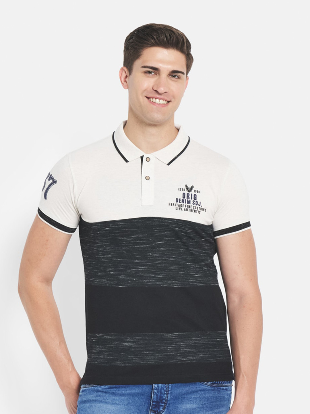 

Duke Men White & Black Striped Polo Collar Slim Fit T-shirt