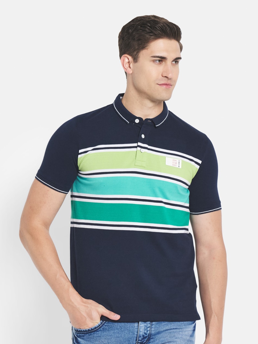 

Duke Men Navy Blue & Green Striped Polo Collar Slim Fit T-shirt