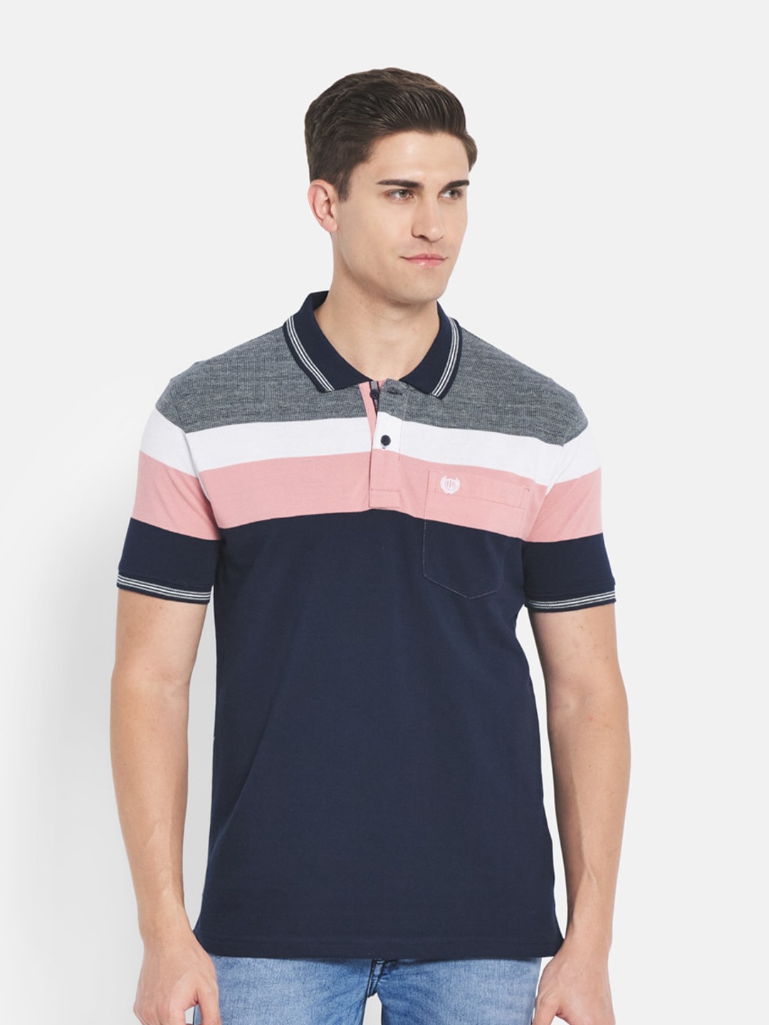 

Duke Men Navy Blue Striped Polo Collar T-shirt