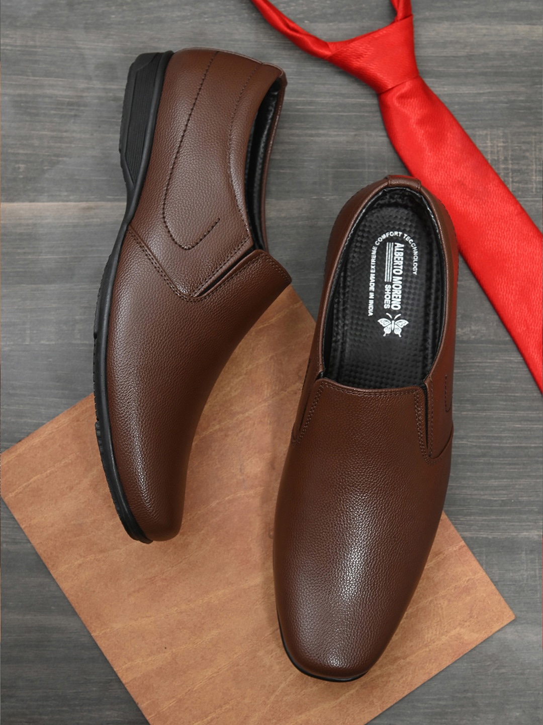 

ALBERTO MORENO Men Brown Solid Formal Slip-Ons
