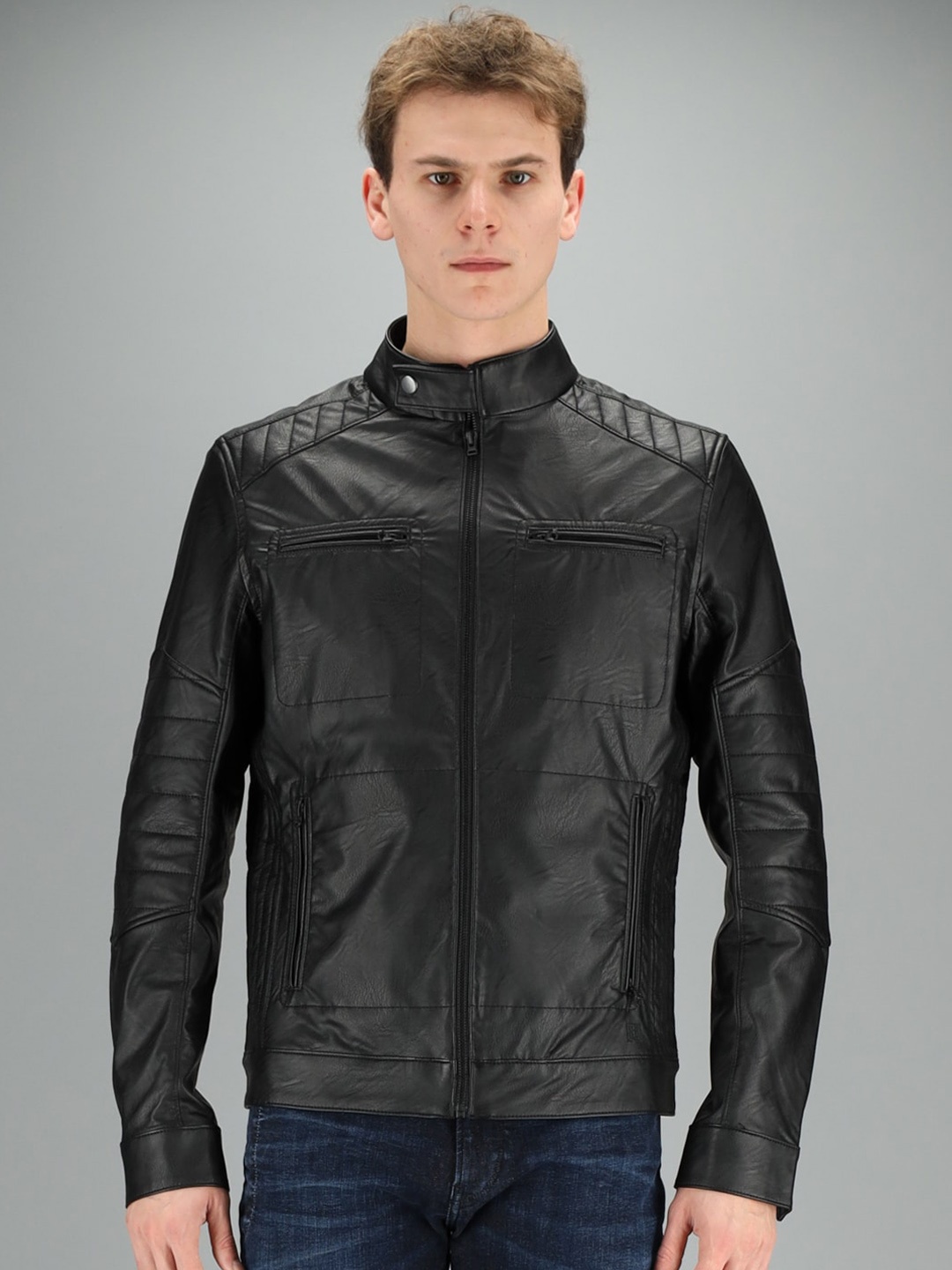 

FREESOUL Men Black Washed Biker Jacket with Zip Detailing