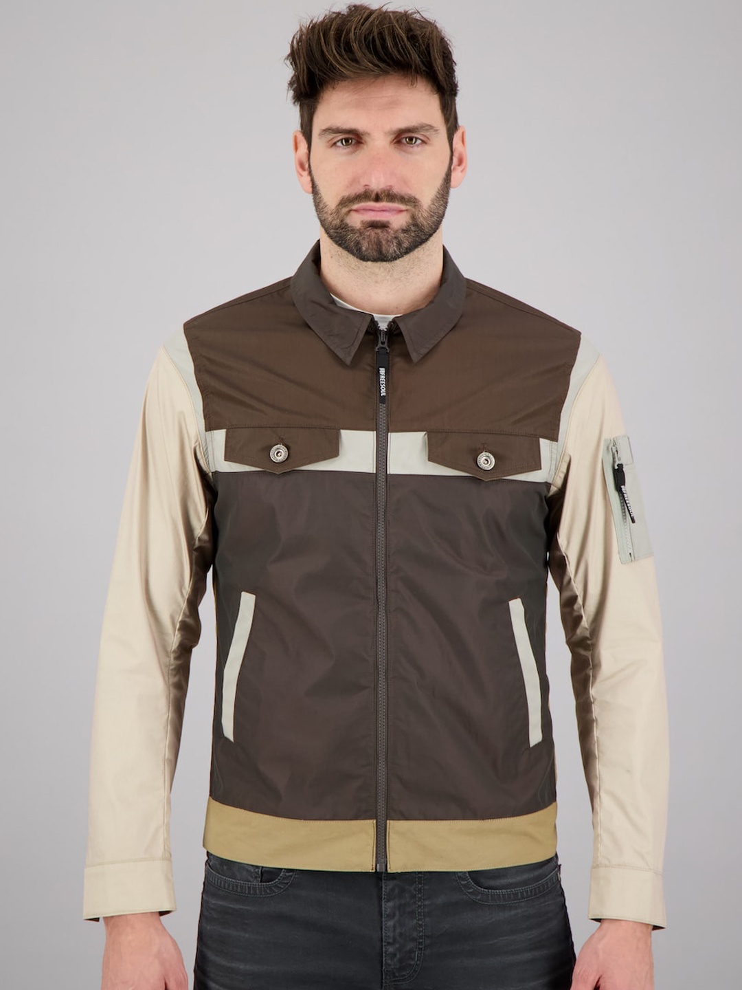 

FREESOUL Men Brown Khaki Regular Sporty Jacket with Zip Detailing