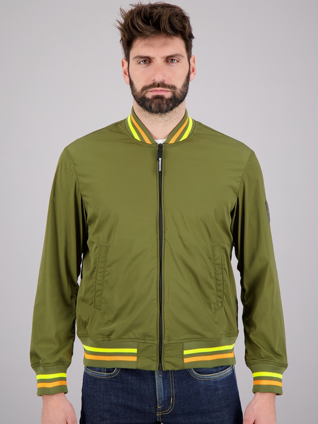 

FREESOUL Men Green Solid Bomber Jacket