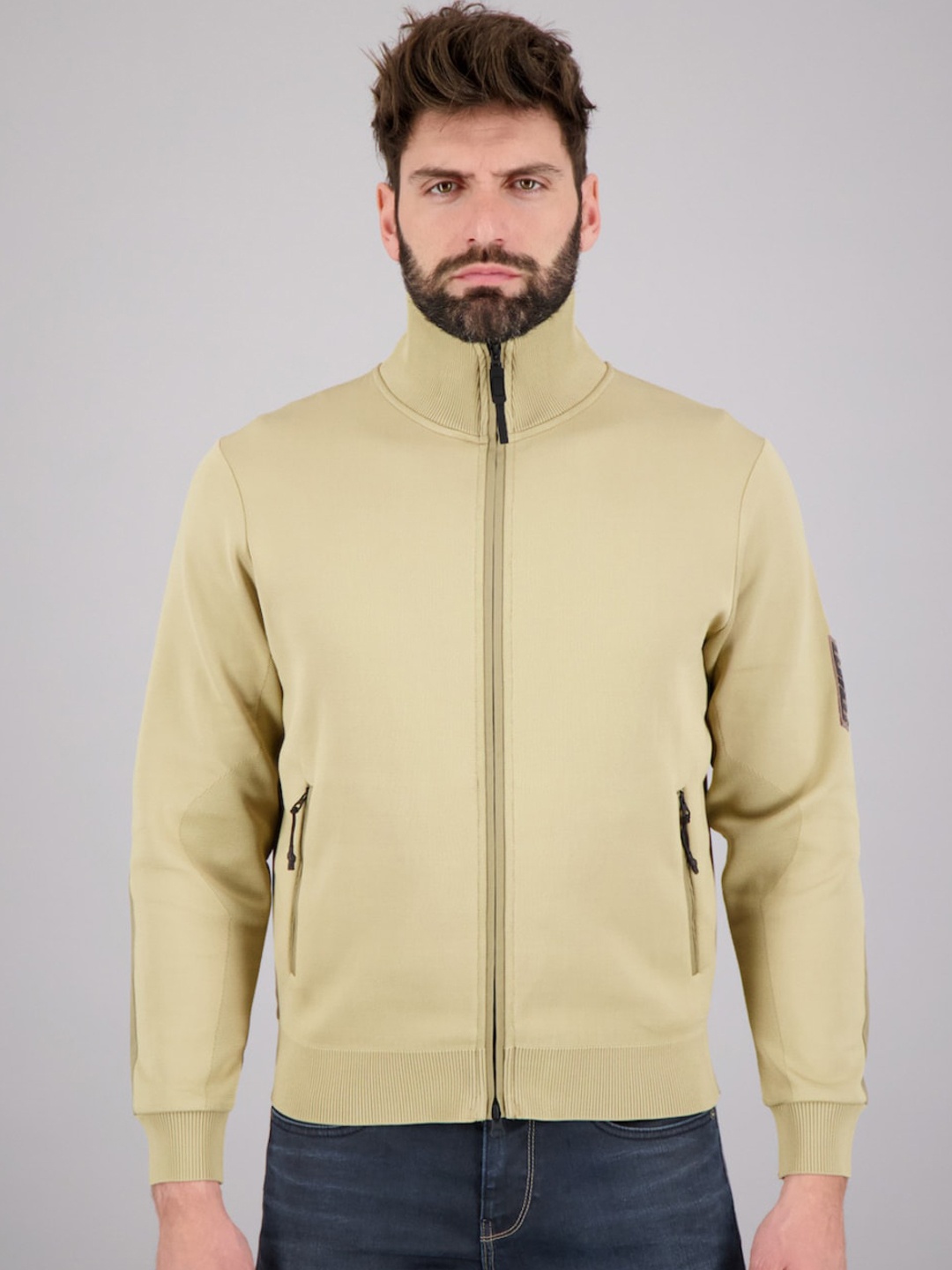 

FREESOUL Men Khaki Longline Bomber Jacket with Zip Detail