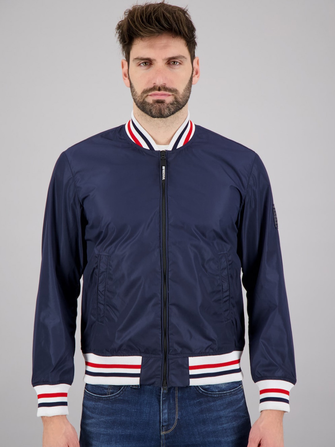 

FREESOUL Men Navy Blue Solid Bomber Jacket