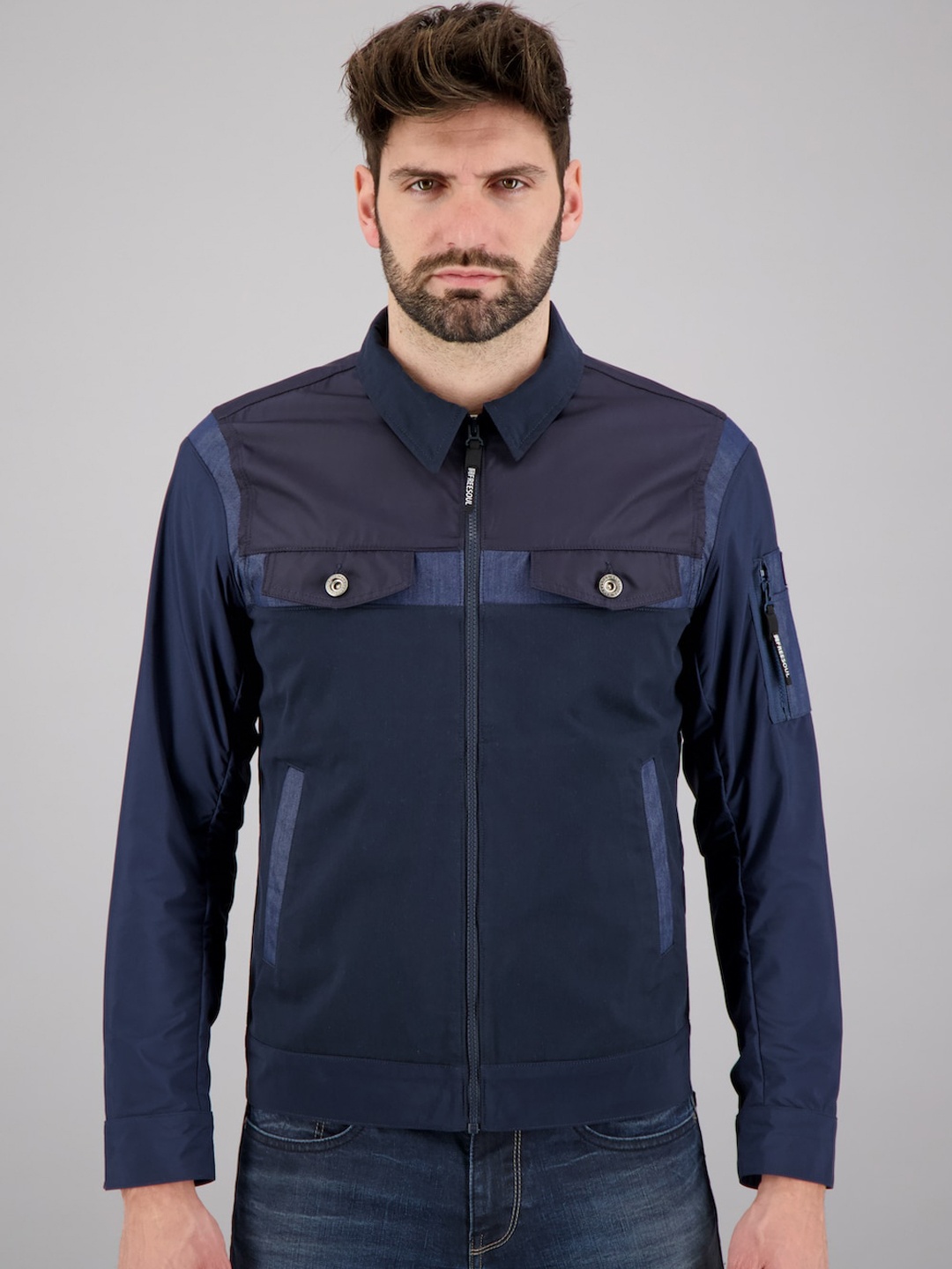 

FREESOUL Men Blue Solid Regular Sporty Jacket with Patchwork