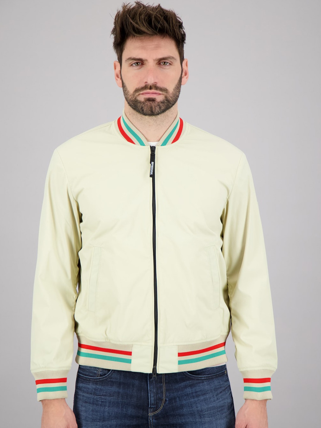 

FREESOUL Men Beige Striped Regular Bomber Jacket with Zip Detailing
