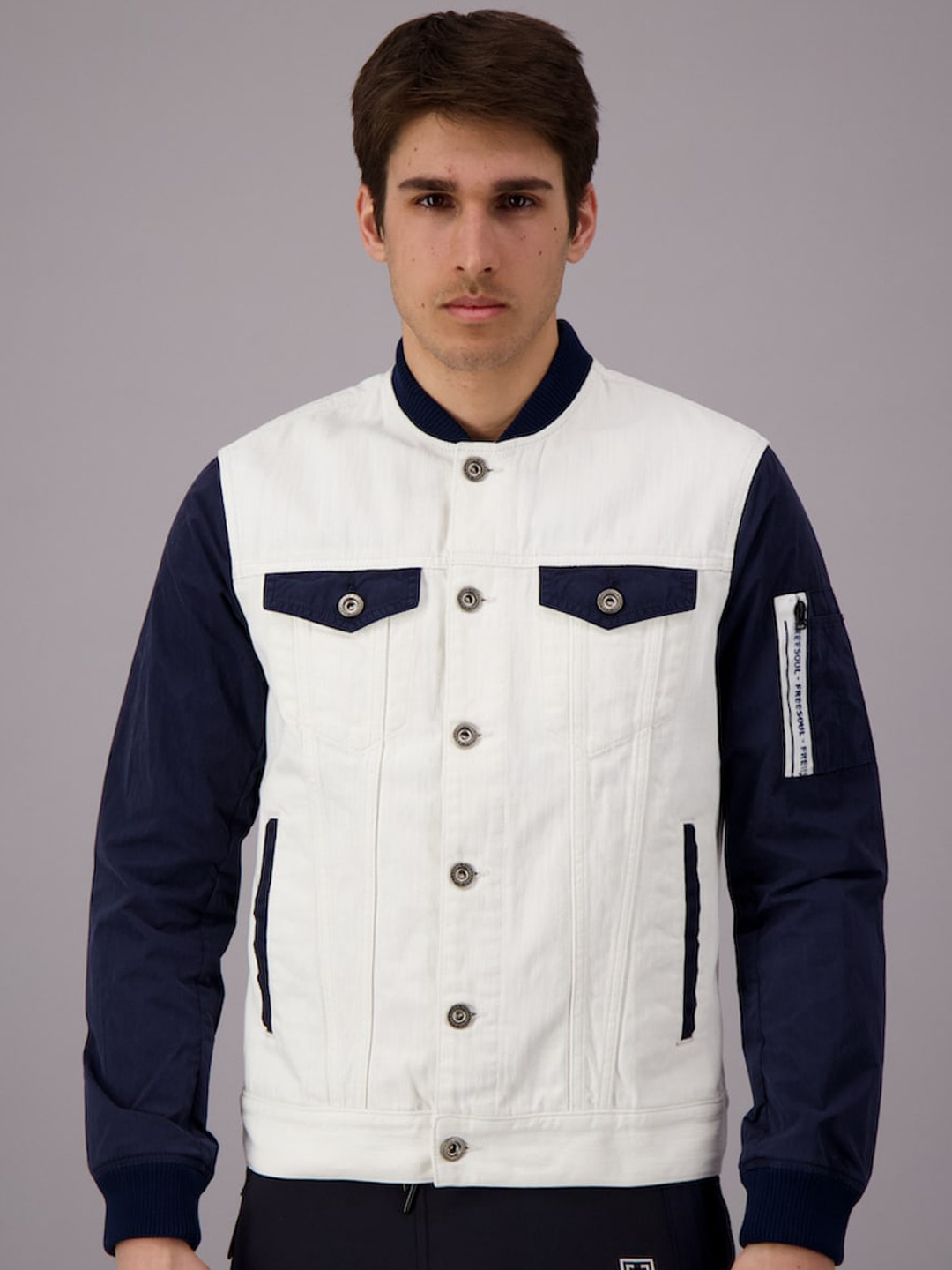 

FREESOUL Men Blue White Colourblocked Denim Jacket with Patchwork