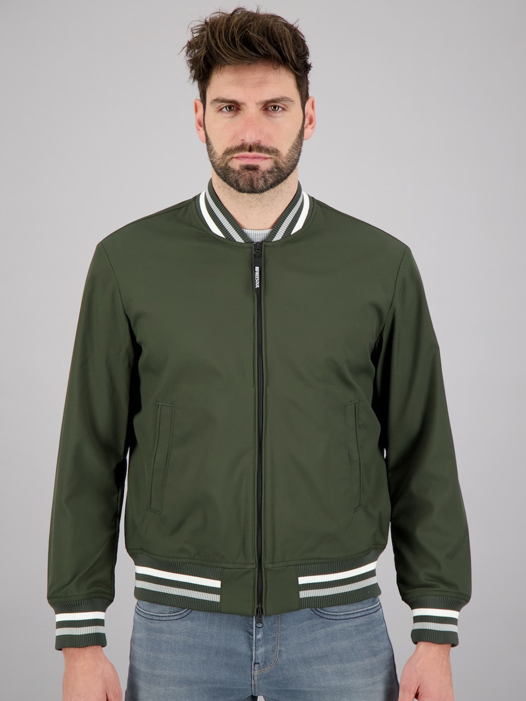 

FREESOUL Men Green & White Solid Stand Collar Bomber Jacket
