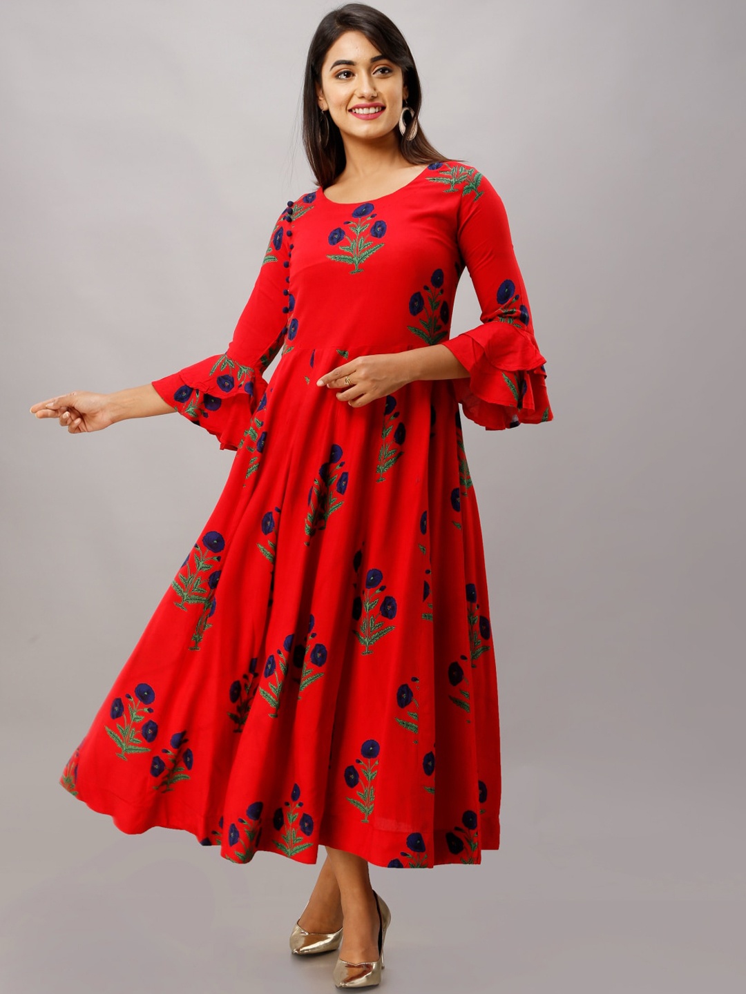 

KALINI Women Red Floral Embroidered Flared Sleeves Anarkali Kurta