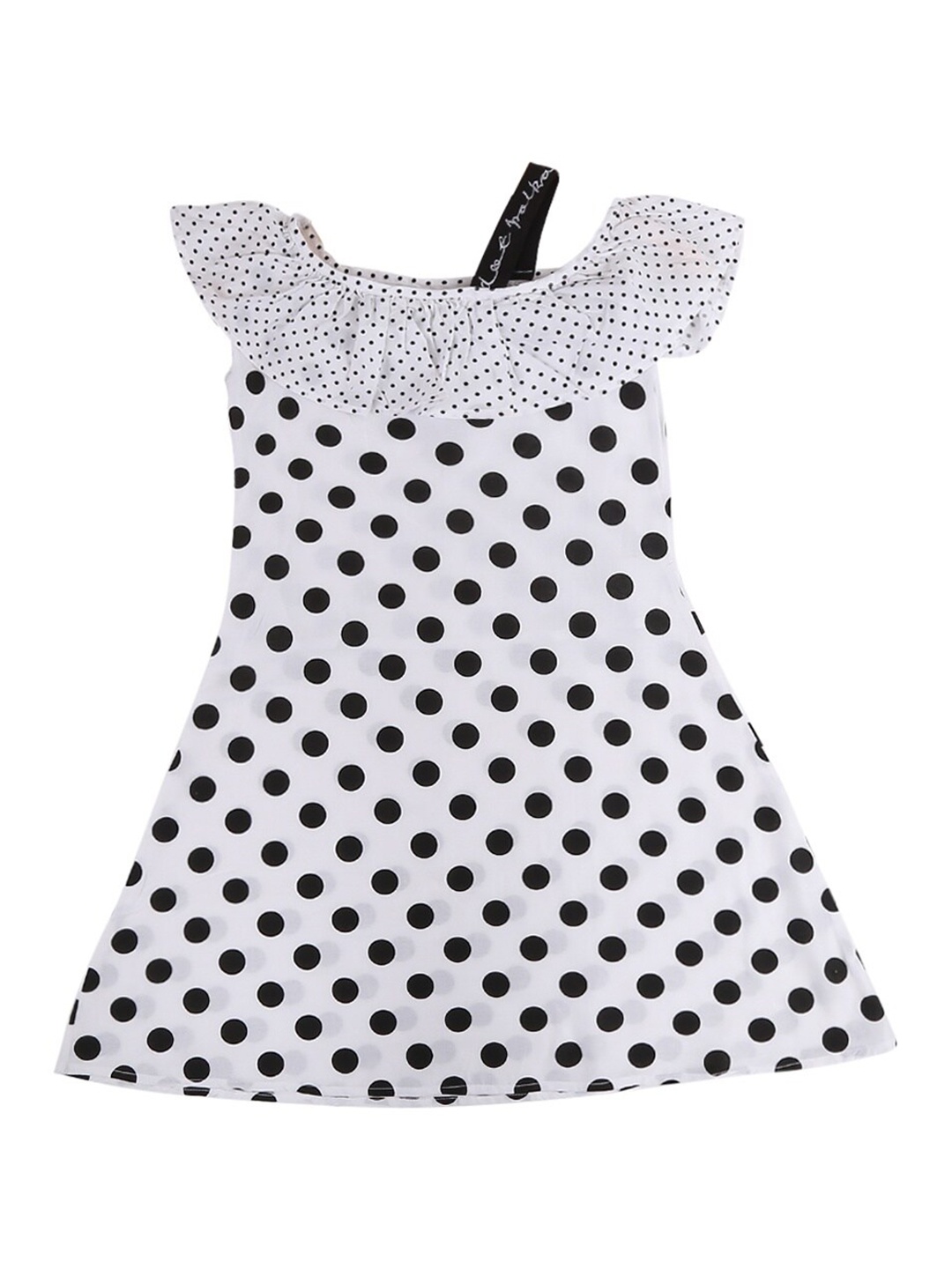 

V-Mart Girls White & Black Polk Dots One Shoulder A-Line Dress