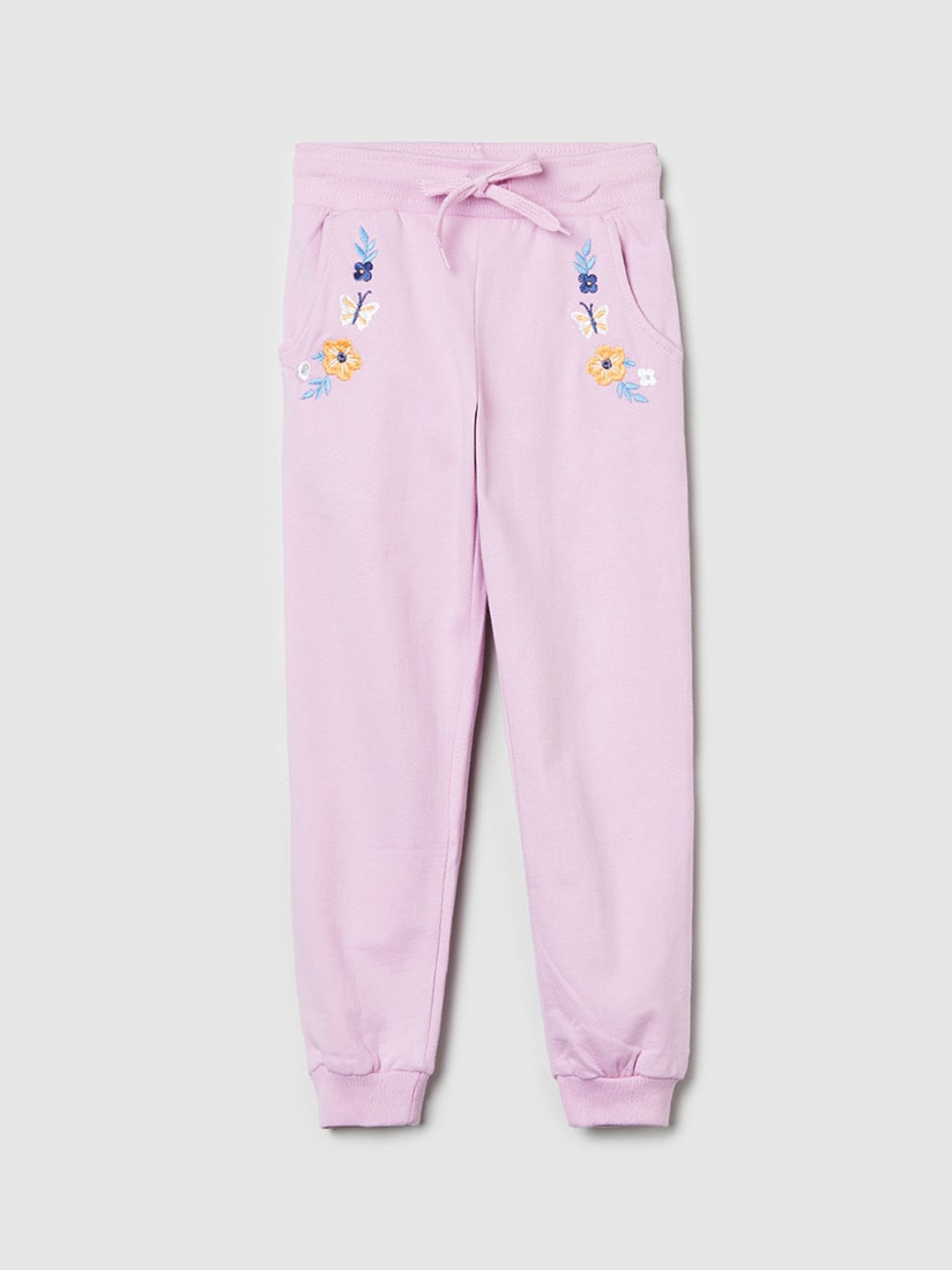 

max Girls Pink Floral Embroidered Pure Cotton Track Pants