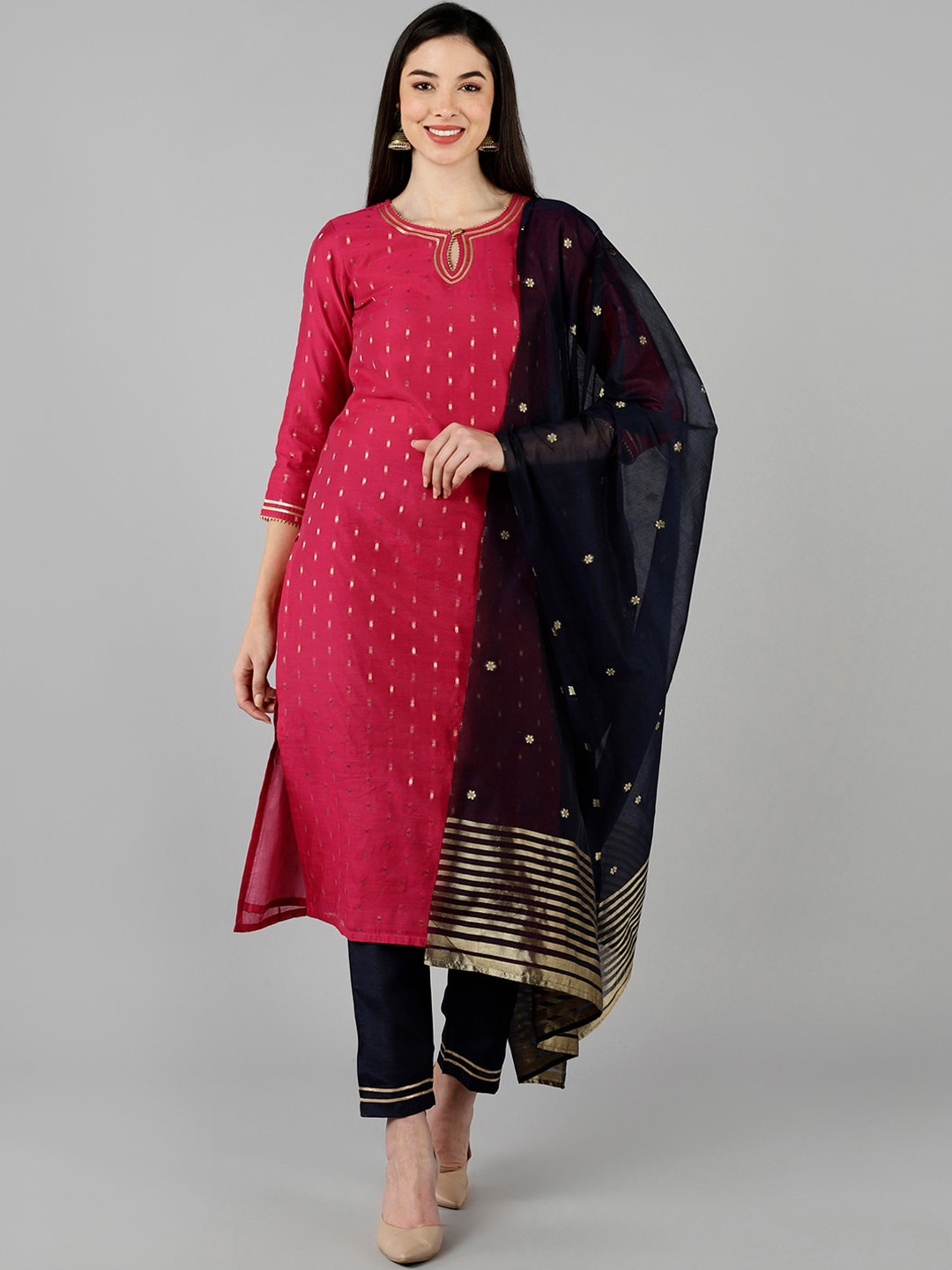 

AHIKA Women Pink & Golden Kurta with Trousers & With Dupatta