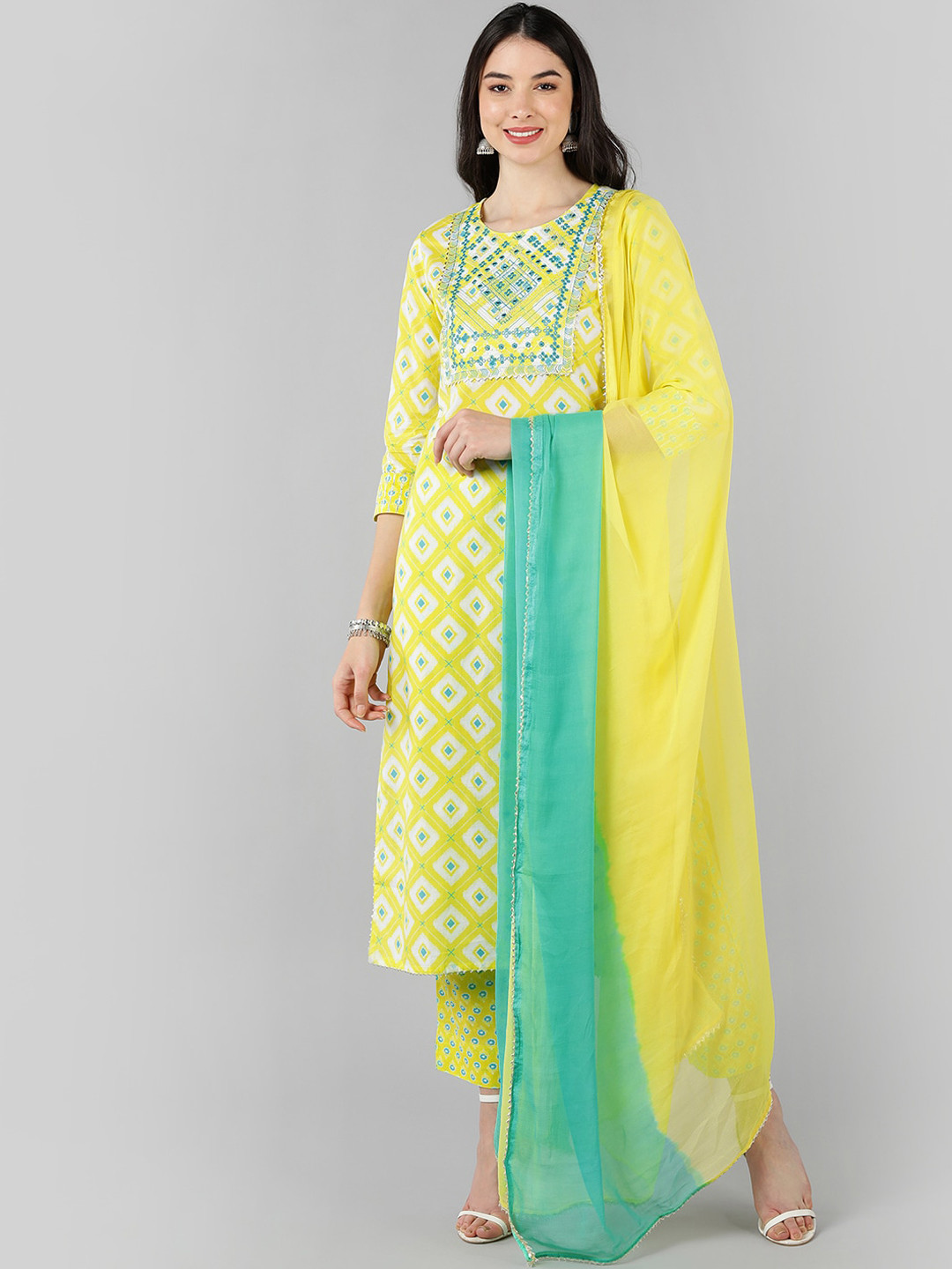 

AHIKA Women Yellow Ethnic Motifs Printed Empire Pure Cotton Kurta with Trousers & With Dupatta