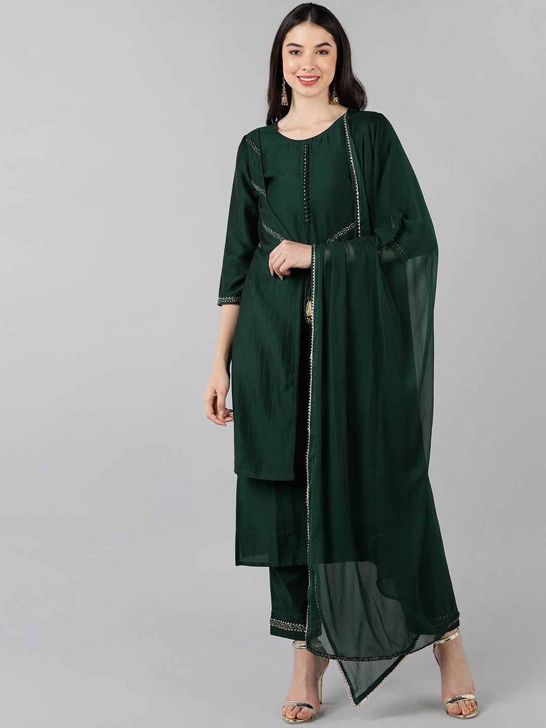 

AHIKA Women Green Kurta with Trousers & With Dupatta