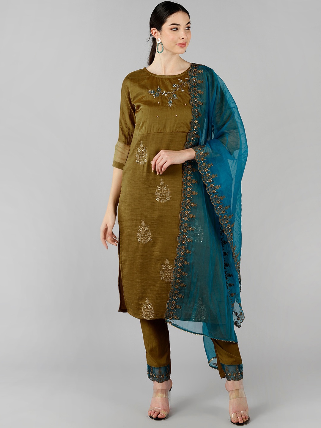

AHIKA Women Brown Floral Embroidered Kurti with Trousers & With Dupatta