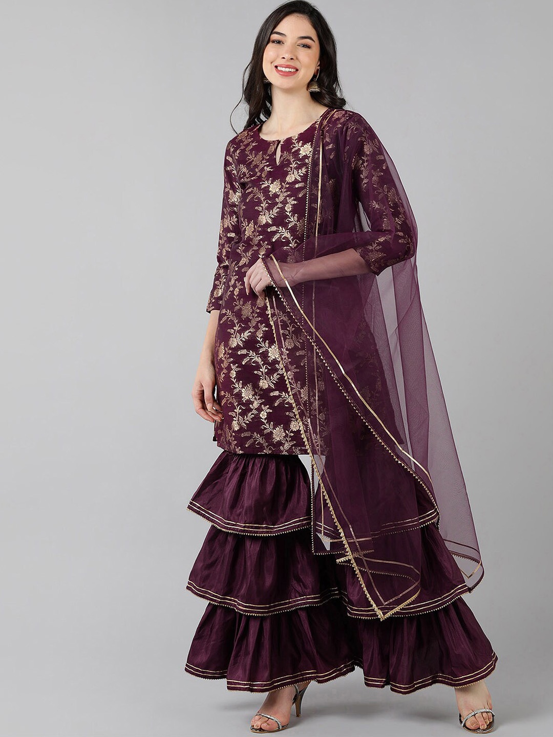 

AHIKA Women Purple Ethnic Motifs Kurta with Sharara & With Dupatta