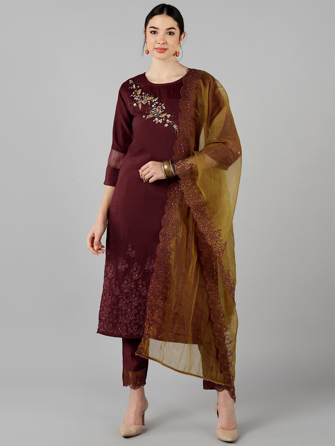 

AHIKA Women Burgundy Embroidered Kurta with Trousers & With Dupatta