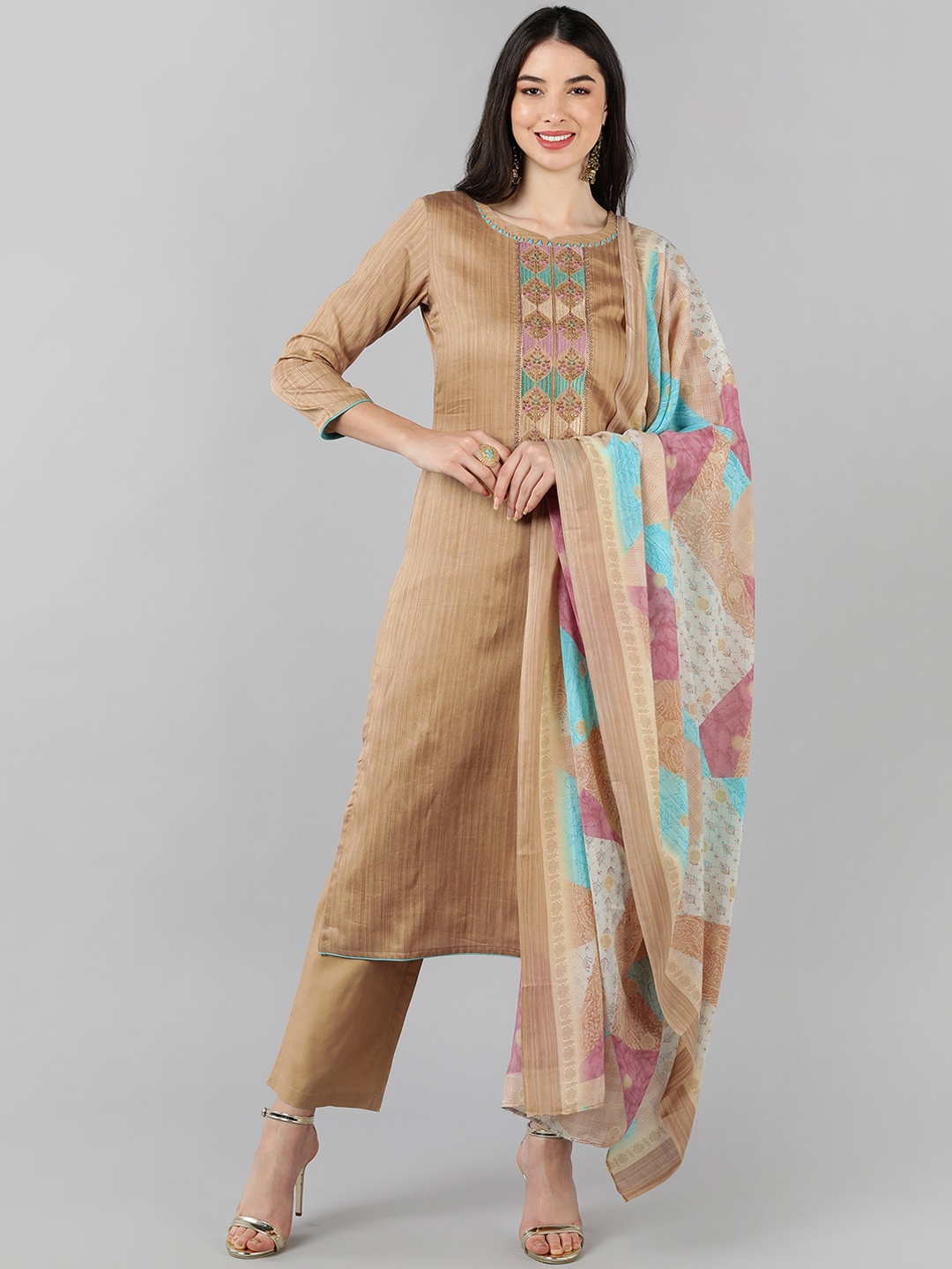 

AHIKA Women Beige Yoke Design Thread Work Kurti with Trousers With Dupatta