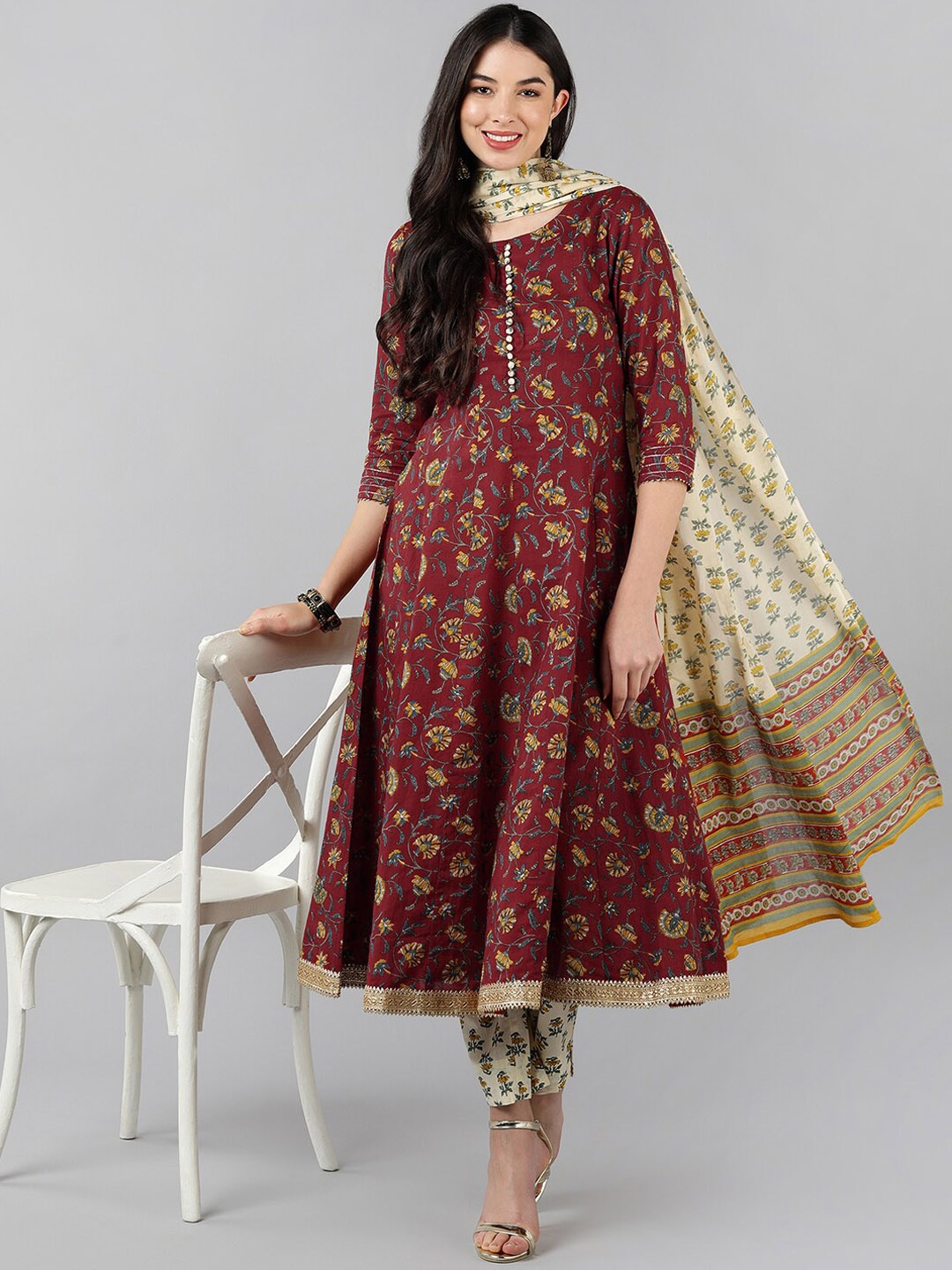 

AHIKA Women Maroon & Yellow Printed Pure Cotton Kurta with Trousers & With Dupatta
