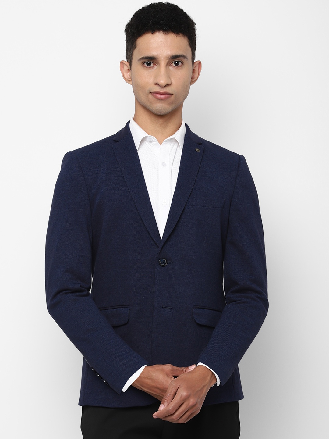 

Allen Solly Men Navy Blue Self-Design Slim-Fit Single-Breasted Formal Blazer