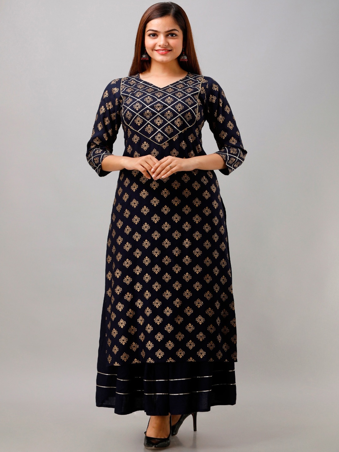 

KALINI Women Navy Blue Printed Kurta with Skirt