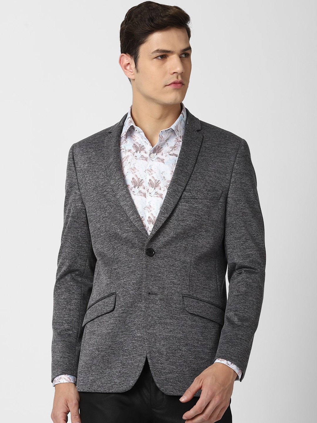 

V Dot Men Grey Printed Slim Fit Single Breasted Blazer