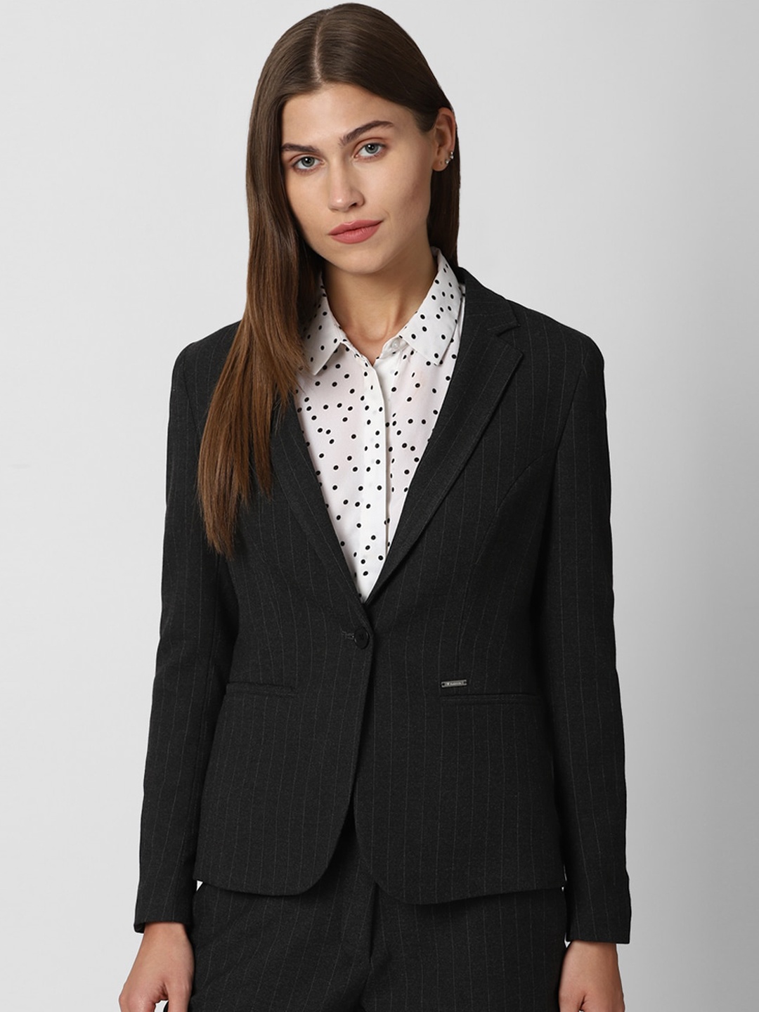 

Van Heusen Woman Black Striped Single-Breasted Casual Blazer