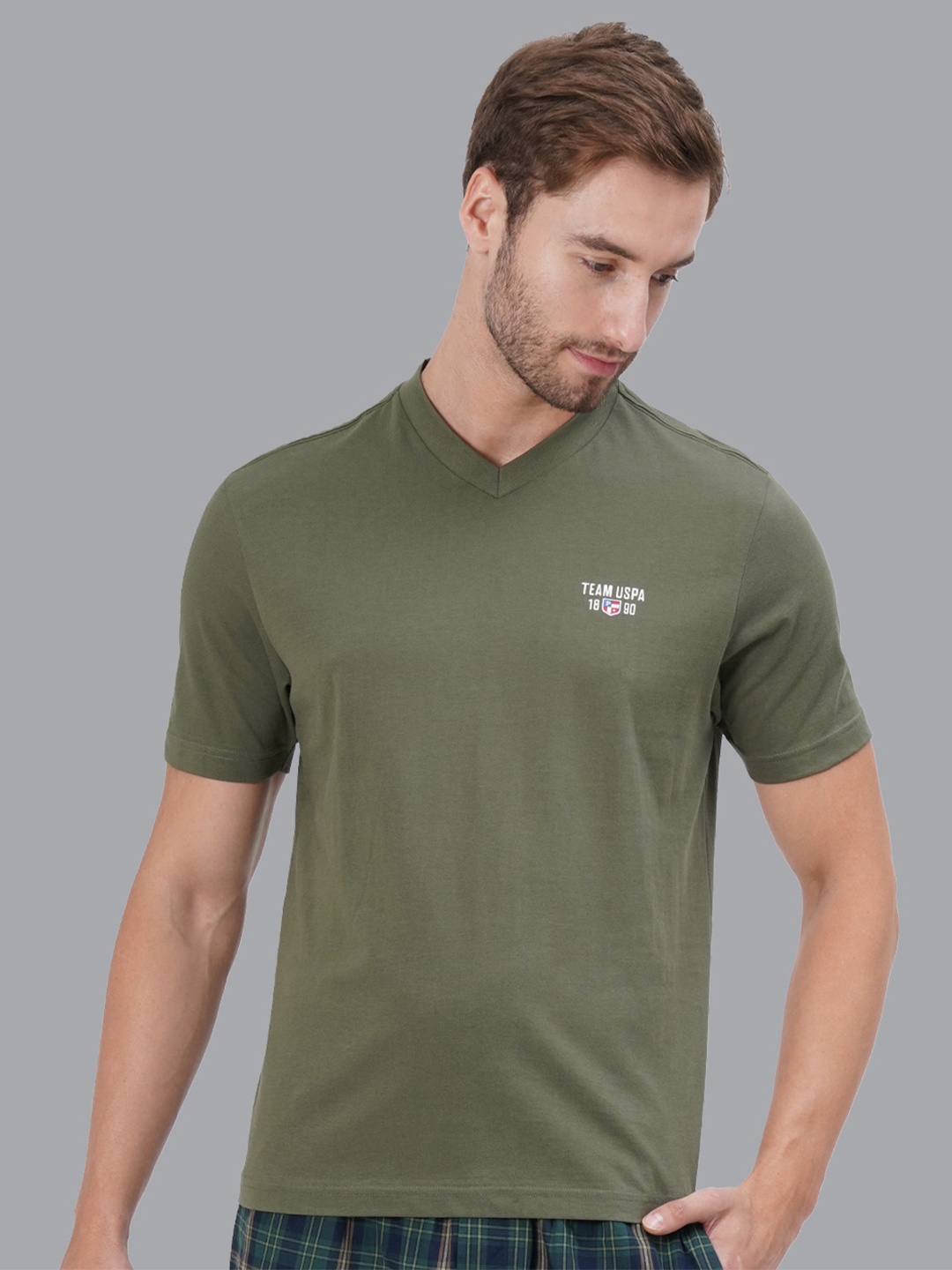 

U.S. Polo Assn. Men Green Solid Pure Cotton Lounge Tshirts