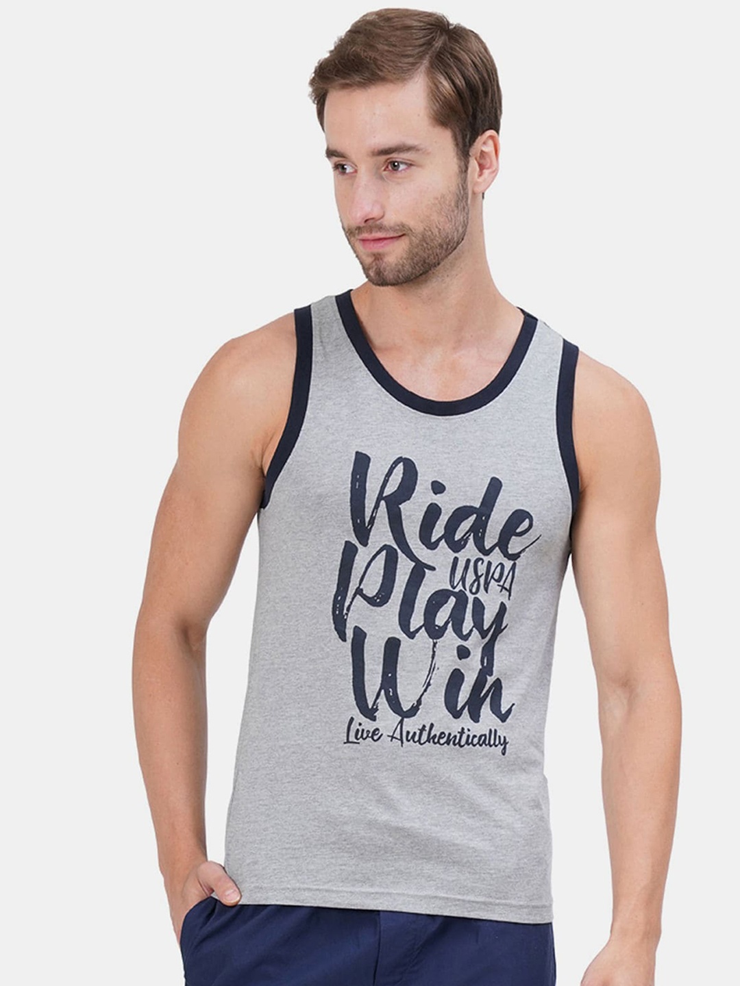 

U.S. Polo Assn. Men Grey & Navy Blue Printed Pure Cotton Innerwear Vest