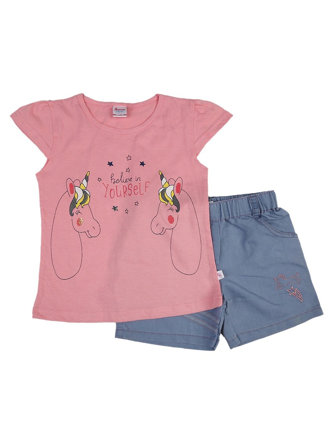 

V-Mart Kids Peach-Coloured & Grey Printed T-shirt with Shorts