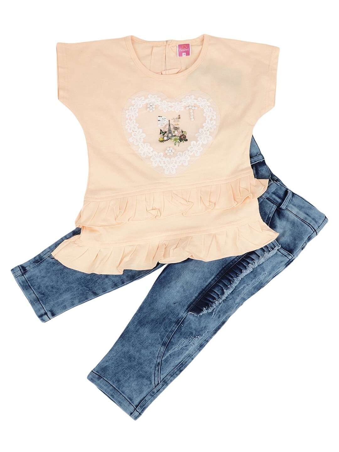 

V-Mart Girls Peach-Coloured & Blue Embellished T-shirt with Trousers