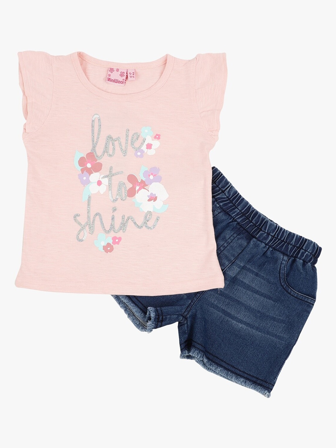 

V-Mart Unisex Kids Peach-Coloured & Blue Printed T-shirt with Shorts