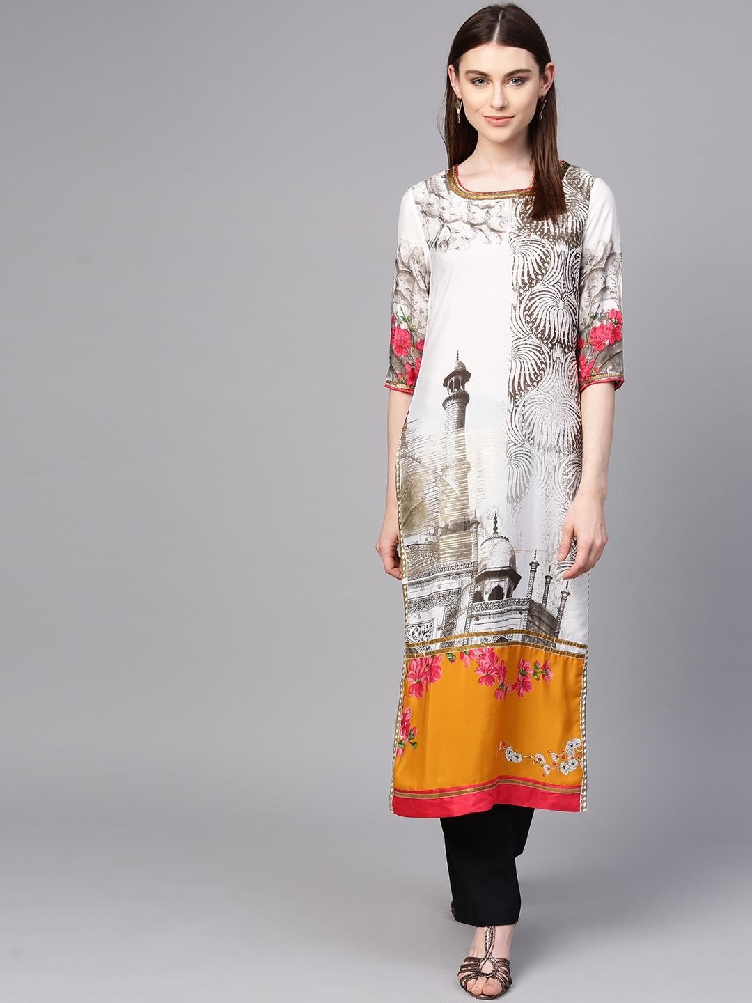 

WISHFUL by W Women Off-White & Grey Quirky Print Straight Kurta