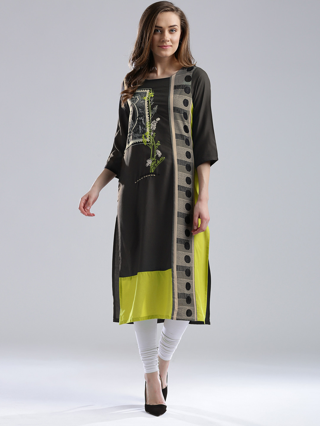 

W Women Grey Quirky Print Straight Kurta
