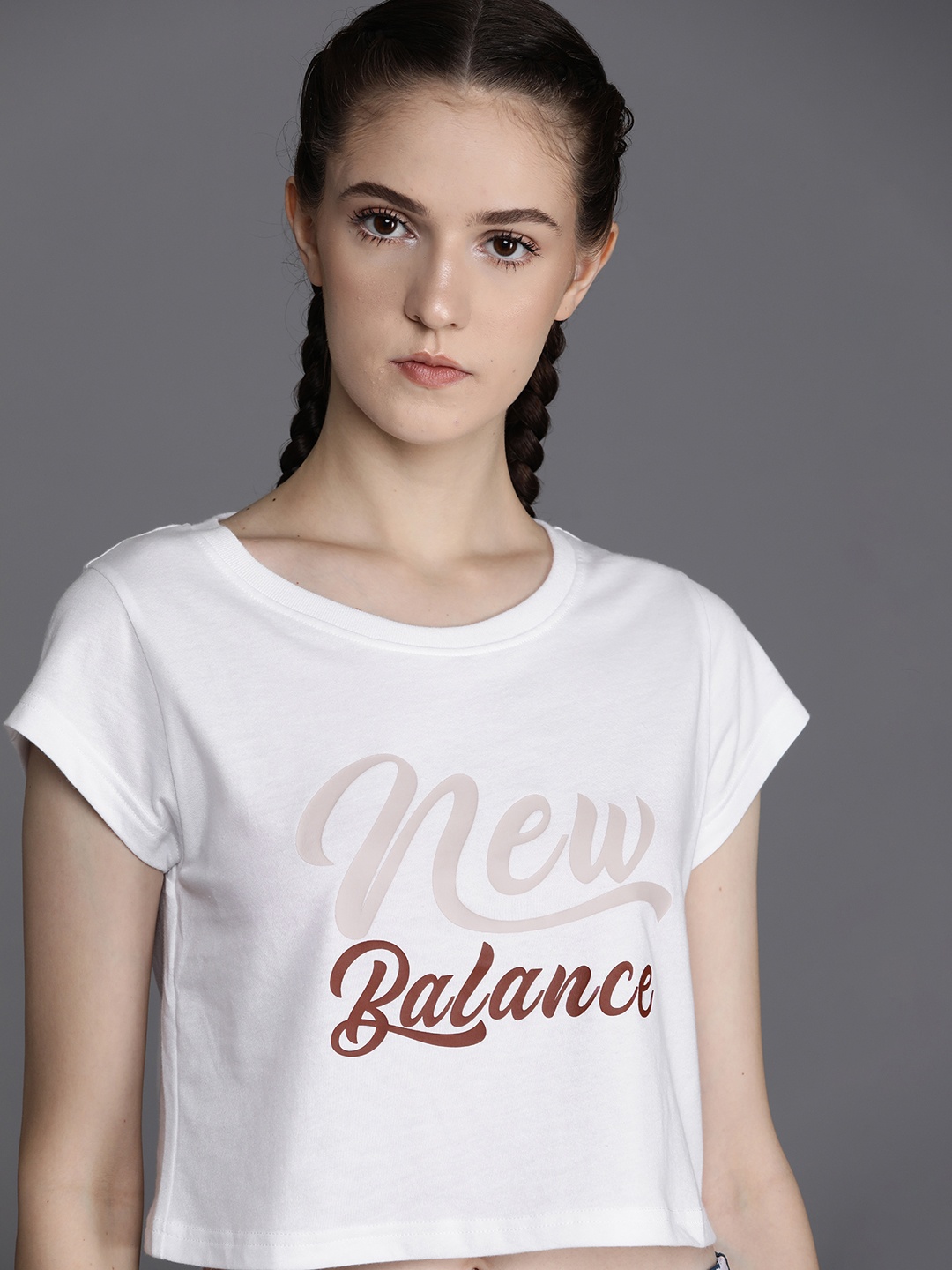 

New Balance Women White & Beige Brand Logo Printed Boxy T-shirt