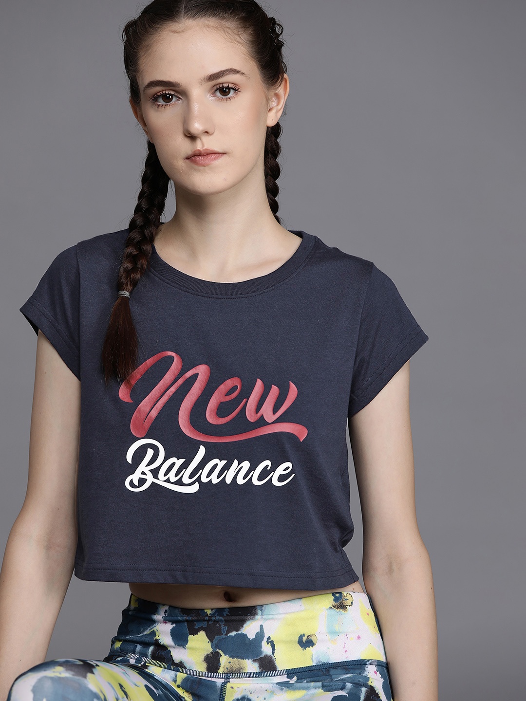 

New Balance Women Navy Blue Brand Logo Printed Boxy T-shirt
