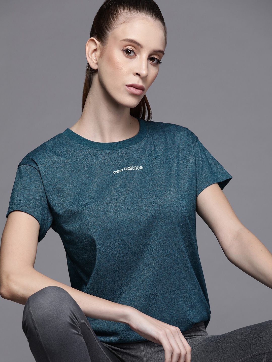 

New Balance Women Teal Brand Logo Printed T-shirt