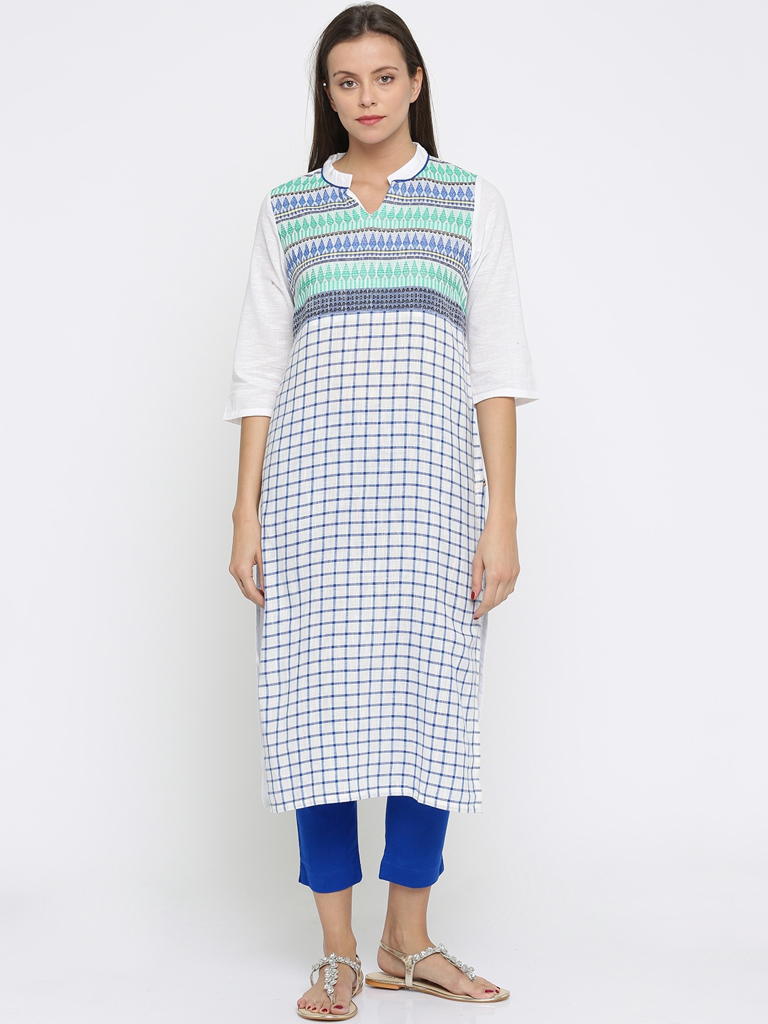 

AURELIA Women White Checked Straight Kurta