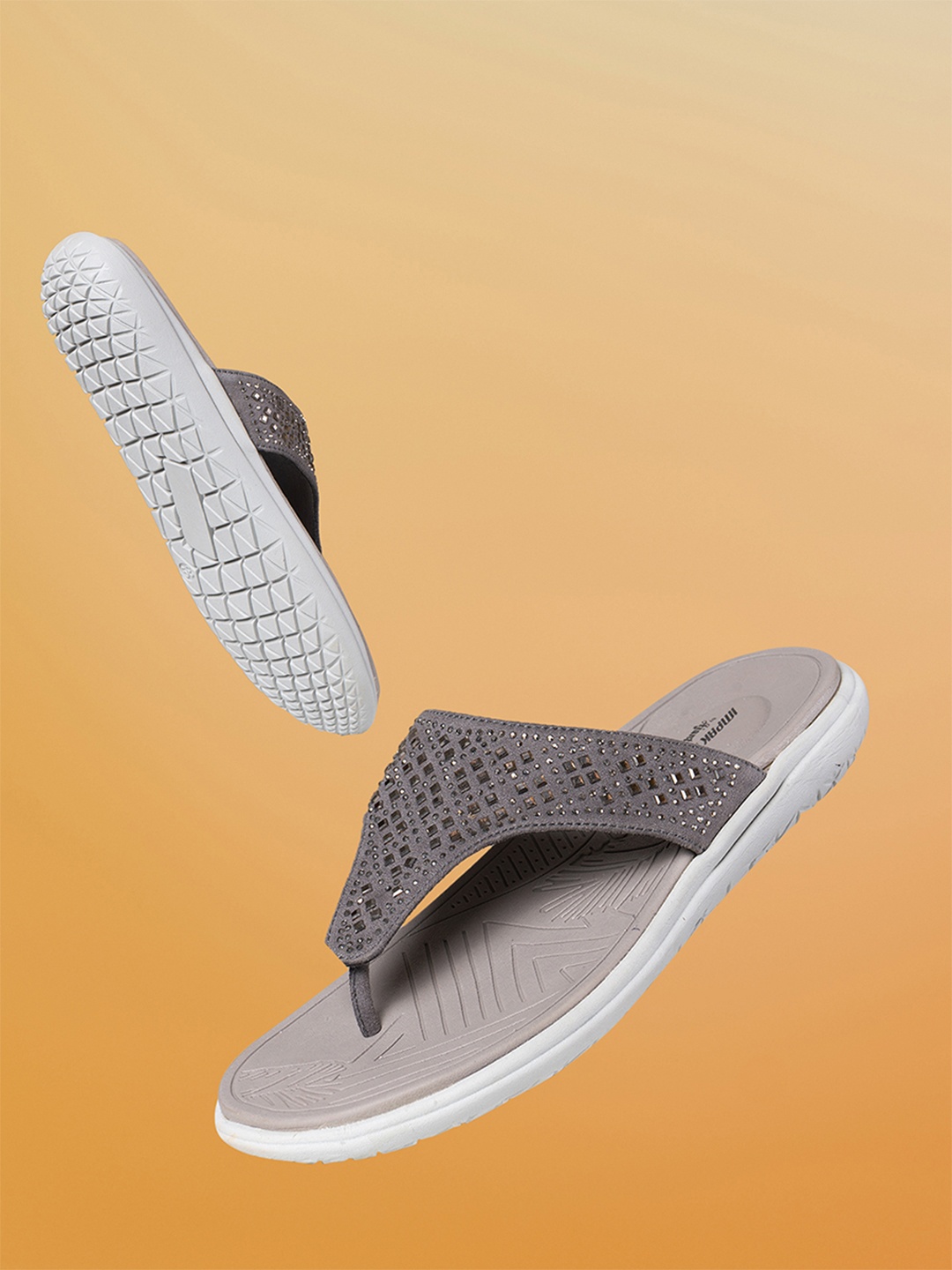 

IMPAKTO Women Grey Textured T-Strap Flats with Laser Cuts