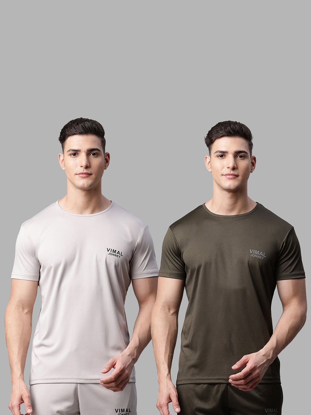 

MACK JONNEY JONNEY Men Pack of 2 Grey Melange & Olive Green T-shirts