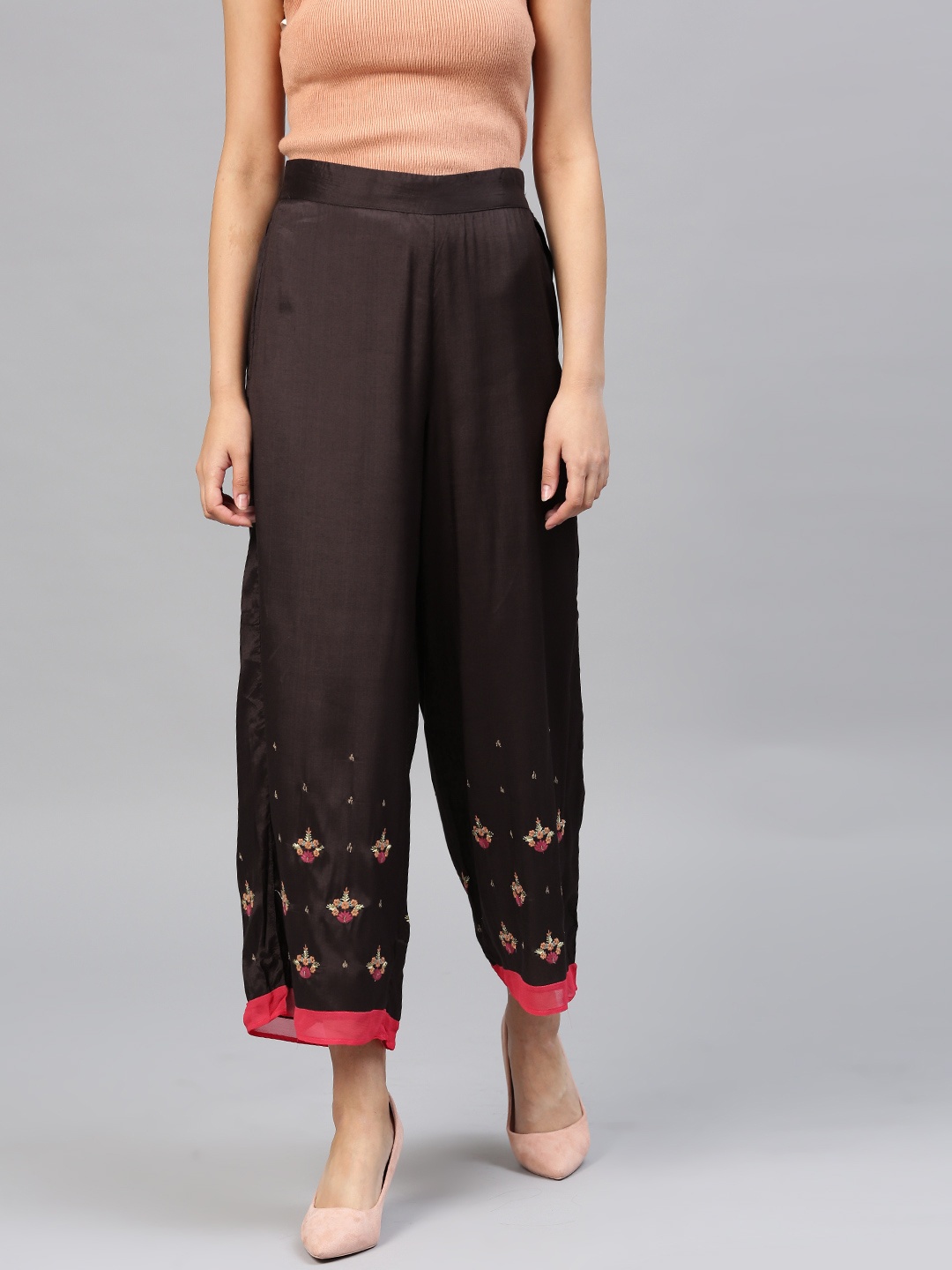 

WISHFUL by W Women Brown Floral Embroidered Palazzos