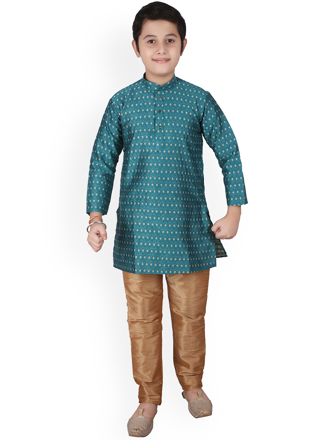 

Pro-Ethic STYLE DEVELOPER Boys Teal Ethnic Motifs Printed Pure Silk Kurta with Pyjamas