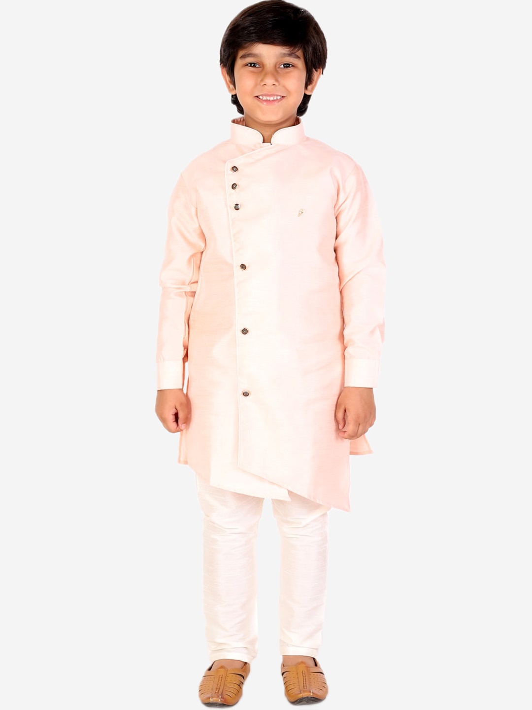 

Pro-Ethic STYLE DEVELOPER Boys Orange Angrakha Pure Silk Kurta with Pyjamas