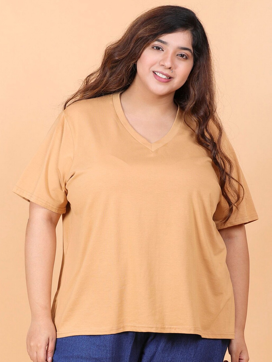 

LastInch Women Beige V-Neck Casual Cotton T-shirt