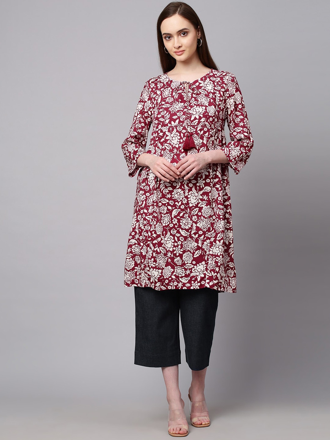 

Modern Indian by CHEMISTRY Women Burgundy Floral Printed Kurta with Palazzos