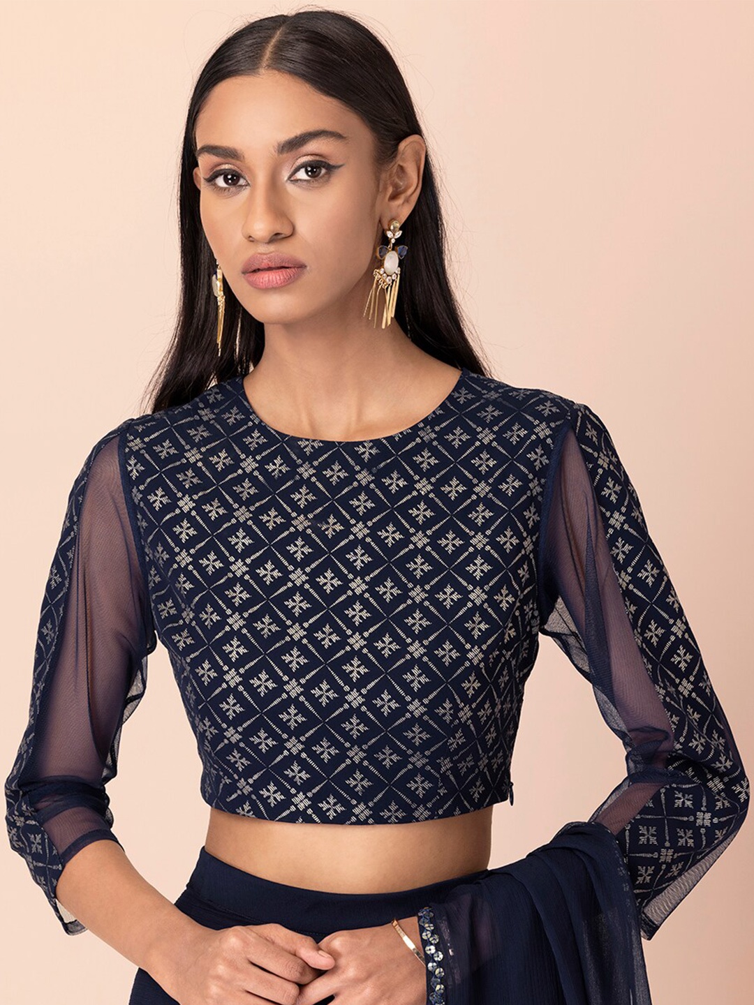 

INDYA Women Navy Blue Foil Print Georgette Crop Top