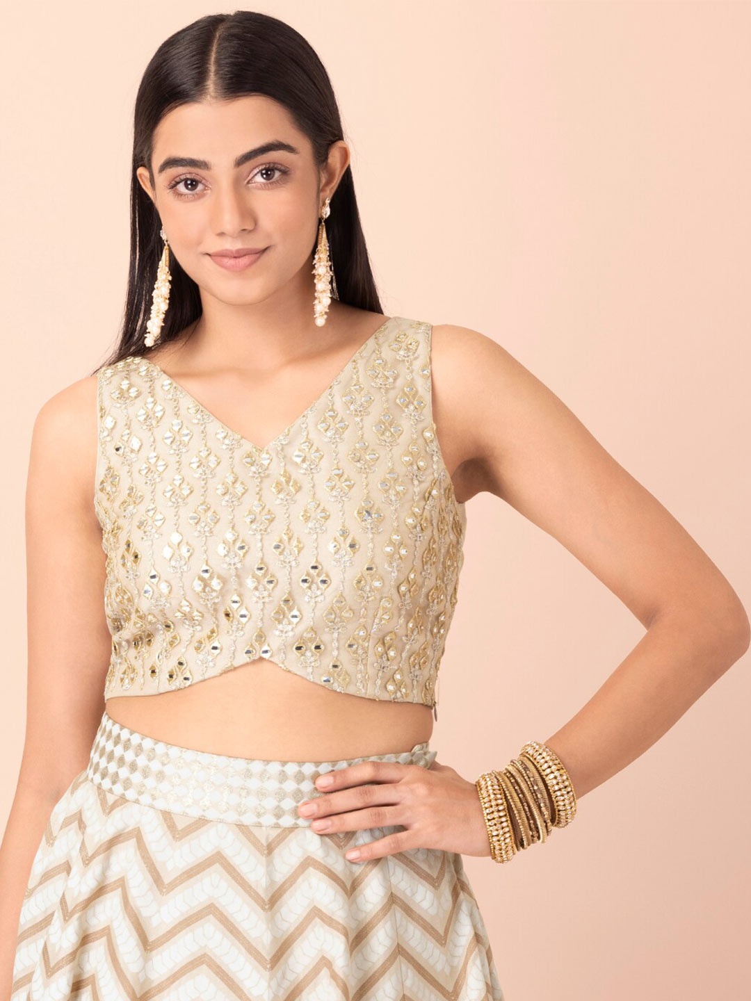 

INDYA Beige Embroidered Crop Top