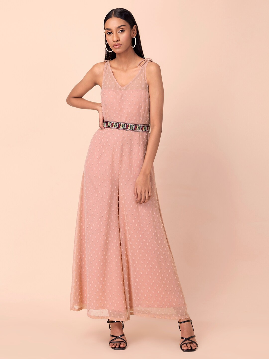 

INDYA Women Pink Tie-Shoulder Belted Jumpsuit